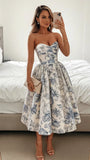 Elegant Wedding Guest Outfit Ball Gown Blue Floral Formal Night Dresses Summer Tea Length Wedding Guest Dresses HZ1121