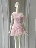 Cute Sheath One Shoulder Pink Lace Short Satin Formal Homecoming Dresses Party Graduation Dress Hoco Dresses HZ1121