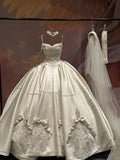 Modest White Strapless Satin Long Ball Gown Elegant Embroidered Applique Wedding Dress Cute Quinceanera Dress HZ1121