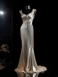 Modest Champagne V-neck Evening Dresses Mermaid Satin Tassel Long Prom Dresses Graduation Dresses HZ1121
