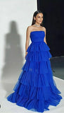 Elegant A line Strapless Royal Blue Tulle Long Prom Dresses Party Dress 21st Birthday Outfits Graduation Dresses HZ1121