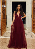 Glamorous A line V Neck Tulle Burgundy Long Evening Party Gowns Evening Special Formal Dresses Prom Dress HZ1121