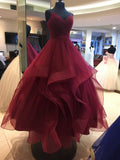 Sparkly Ball Gown Spaghetti Straps Burgundy Tulle Sleeveless Long Evening Party Gowns Evening Dress Special Formal Dresses Prom Dress HZ1121