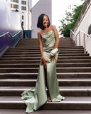 Elegant Sheath Strapless Sage Green Slit Long Prom Dresses Party Dress 18th Birthday Outfits Graduation Dresses HZ1121
