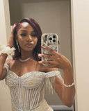 Sparkly Mermaid Off The Shoulder Champagne Sequin Long Slit Evening Party Gowns Evening Dress Special Formal Dresses Prom Dress HZ1121