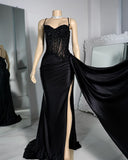 Elegant Mermaid Spaghetti Straps Satin Slit Black Long Prom Dresses Party Dress 18th Birthday Outfits Graduation Dresses HZ1121