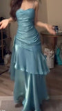Elegant Mermaid Spaghetti Straps Blue Satin Long Prom Dresses Party Dress 21st Birthday Outfits Graduation Dresses HZ1121