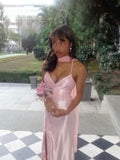 Elegant Sheath Spaghetti Straps Pink Satin Long Prom Dresses Party Dress 21st Birthday Outfits Graduation Dresses HZ1121