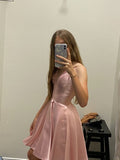 Pretty A Line Spaghetti Straps Pink Satin Formal Homecoming Dresses Short 16th Birthday Outfits Graduation Dress Mini Hoco Dresses HZ1121