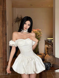 Cute Ball Gown Off The Shoulder White Satin Short Formal 8th Grade Homecoming Dresses Middle School Cocktail Dress Hoco Outfits HZ1121
