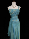 Vintage A Line Spaghetti Straps Blue Sleeveless Chiffon Long Prom Dresses Party Dress 18th Birthday Outfits Graduation Dresses HZ1121