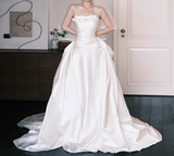Stunning Strapless Long Ball Gowns Satin Floor-length Wedding Dress Simple Bridal Gown HZ1121