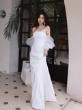 Elegant Off Shoulder Long Sheath Satin Wedding Dress Simple Bridal Gown HZ1121
