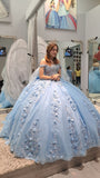 Gorgeous Blue Applique Ball Gowns Formal Dresses Tulle Off-the-shoulder Long Quinceanera Dress Sweet 16 Dress HZ1121
