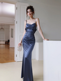 Elegant Spaghetti Straps Navy Blue Formal Dress Satin Bodycon Evening Gown Simple Backless Long Party Dress HZ1121