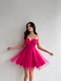 Simple A Line Spaghetti Straps Hot Pink Tulle Short Formal Homecoming Dresses Party Graduation Dress Hoco Dresses HZ1121