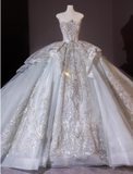 Sparkly Beaded Wedding Dresses Tulle Strapless Ball Gown Elegant White Bridal Dress Stunning Bridal Gowns HZ1121