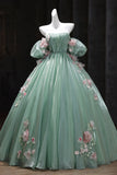 Gorgeous Green Off-the-Shoulder Tulle Long Ball Gown Sweet Flower 16th Birthday Dress Cute Quinceanera Dress HZ1121