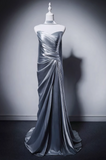 Elegant Light Gray Blue Mermaid Evening Gowns Strapless Satin Long Prom Dress Modest Sleeveless Formal Dress with Scarf HZ1121