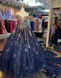 Gorgeous Off-the-shoulder Ball Gown Tulle Beaded Long Prom Dresses, Navy Blue Quinceanera Dresses HZ1121