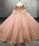 Gorgeous Off-the-Shoulder Ball Gown Tulle Beaded Applique Long Prom Dresses, Peach Quinceanera Dresses HZ1121