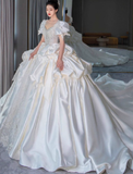 Princess Bridal Dress Ball Gown V-Neck Satin White Beads Long Wedding Dress Modest Bridal Gowns HZ1121