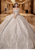 Princess Bridal Dress Ball Gown Off-the-shoulder Tulle Sequins White Beads Long Wedding Dress Modest Long Sleeve Bridal Gowns HZ1121