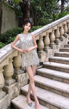 Sparkly Sheath Round Neck Homecoming Dress Tassel Beaded Short Birthday Dress Sequin Sweet Party Dress HZ1121