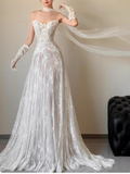 Modest A-Line Sweetheart Neck Bridal Dress White Long Wedding Dress Elegant Lace Applique Bridal Gowns HZ1121