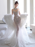Elegant Sweetheart Neck Mermaid Wedding Dress Tulle Beading Bridal Dress Glamour Trailing Bridal Gowns HZ1121