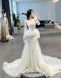 Modest Strapless Sheath Bridal Gown Glam Tulle Beaded Train Wedding Dress HZ1121