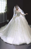 Elegant Off-Shoulder White Wedding Dress Applique Ball Gown Modest Long Sleeves Bridal Gowns with Veil HZ1121