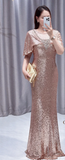 Elegant Rose Gold Mermaid Jewel Mother of the Bride Dress Sequins Long Evening Gown with Shawl HZ1121