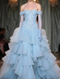 Elegant Off-the-Shoulder Tulle Ball Gown Quincea?a Dress, Blue Applique Long Prom Dresses HZ1121