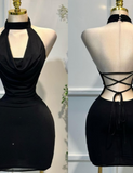 Fashionable Black Halter Bodycon Short Party Dress Open Back Homecoming Dress HZ1121