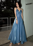 Elegant V-neck A-Line Satin Long Prom Dresses Gray Blue Formal Evening Dresses HZ1121
