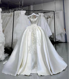 Modest Strapless Luxury Wedding Dresses White Ball Gown Beaded Applique Sleeveless Bridal Gowns HZ1121