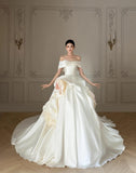 Modest Off-shoulder Luxury Wedding Dresses White Ball Gown Satin Train Bridal Gowns HZ1121