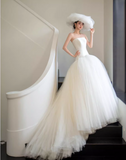 Elegant Strapless Ball Gown Tulle Long Luxury Wedding Dresses Ivory Satin Sleeveless Bridal Gowns HZ1121