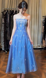 Modest Strapless A-line Chiffon Long Prom Dresses, Vintage Blue Formal Evening Dresses HZ1121