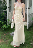 Elegant Spaghetti Strap Sheath Chiffon Long Prom Dresses, Apricot Formal Evening Dress HZ1121