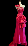 Chic One Shoulder Sheath Satin Long Prom Dresses, Hot Pink Formal Evening Dresses HZ1121
