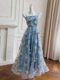 Cute Spaghetti Straps A-Line Tulle Floral Long Prom Dresses, Sky Blue Formal Evening Dresses HZ1121
