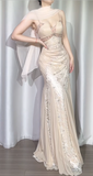Vintage Spaghetti Straps Sheath Chiffon Long Prom Dresses, Light Champagne Formal Evening Dresses HZ1121
