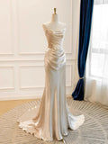 Glam Strapless Sheath Satin Long Prom Dresses, Champagne Formal Evening Dresses HZ1121