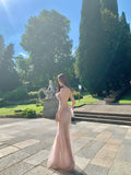 Gorgeous Halter Neck Sheath Evening Dresses Tulle Backless Prom Dresses Light Pink Formal Dresses HZ1121