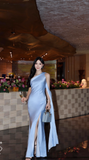 Elegant One Shoulder Sheath Long Evening Dresses, Satin Gray Blue Formal Dresses HZ1121