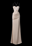 Chic Spaghetti Strap Sheath Wedding Guest Dress, Satin Champagne Formal Dresses HZ1121