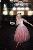 Sweet Spaghetti Strap Ball Gown Sparkly Tulle Tea Length Birthday Dresses HZ1121