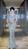 Glitter V neck Mermaid Mother of the Bride Dresses, Sequined Tulle Blue Evening Dresses HZ1121